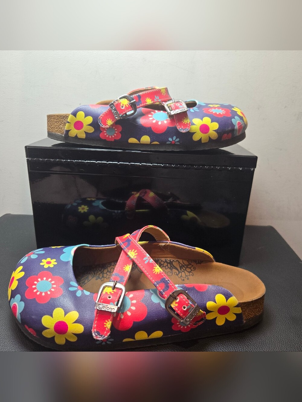 Calceo Clogs 39 Colorful Flower Slip On Faux Leather Cross Strap Hippie